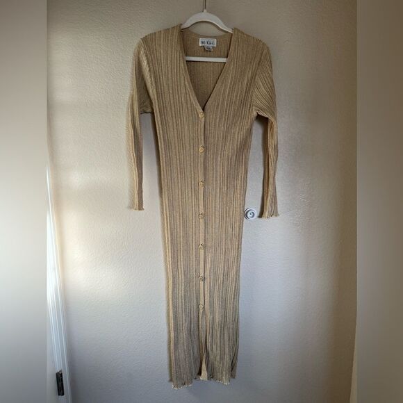 Vintage Metallic Ribbed Cardigan Dress Button Down Sz‎ Small Gold Long/Midi - Picture 5 of 6